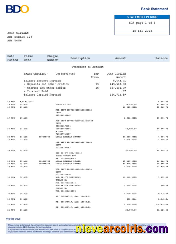 Philippines BDO bank statement Word and PDF, version 2